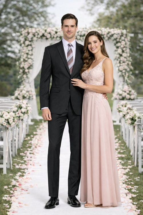 Carlo Lusso black two-button suit: poly blend, fitted, notched lapel, structured shoulders. Black, smooth material. Jacket with two front pockets. Slim-fit, tapered trousers. Tailored appearance, suitable for formal wear.