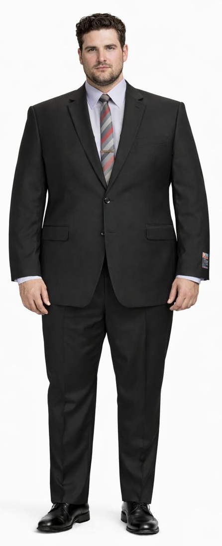 Carlo Lusso black suit by Albertonardoni. Two-button, single-breasted jacket, flat-front pants. Poly blend. Solid black with notch lapel. Includes a red & gray striped tie for a classic look.