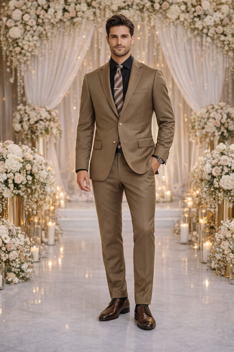 Carlo Lusso brown two-button suit: tailored fit, poly blend. Single-breasted jacket with notched lapel & buttoned cuffs. Flat-front, tapered trousers. Paired with a black shirt and striped tie for contrast.