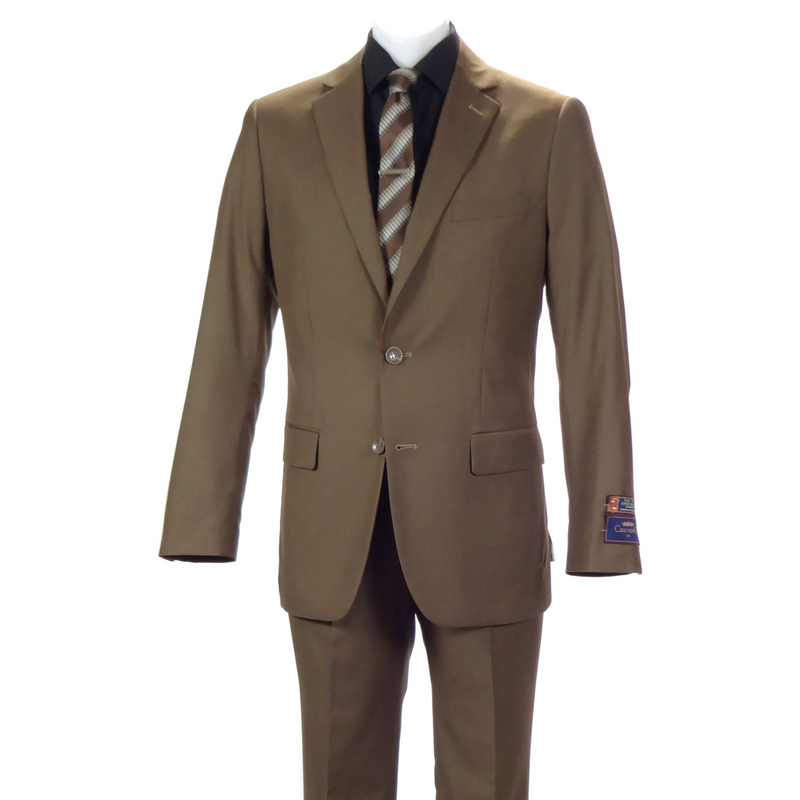 Carlo Lusso brown suit by Albertonardoni. Tailored poly blend with a structured fit. Features a two-button closure, single chest pocket, and two side pockets. Straight-cut trousers. Smooth, slightly glossy fabric.