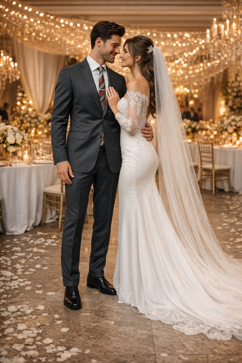 Albertonardoni Carlo Lusso charcoal slim fit suit. Tailored silhouette, structured poly-blend fabric. Features a two-button front, notch lapel. Slim-fit trousers. Refined construction with subtle lining and stitching.