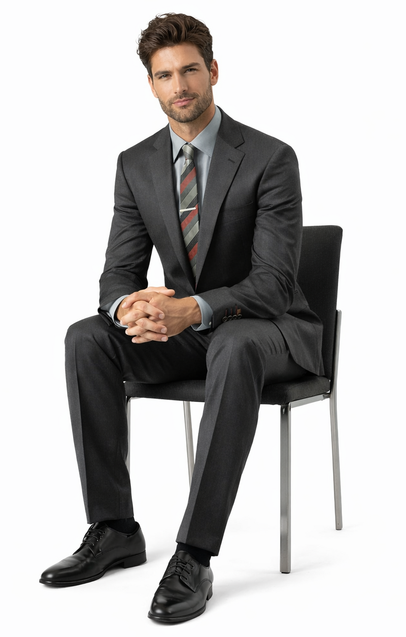 Albertonardoni Carlo Lusso charcoal suit. Slim fit, two-button jacket with notch lapel. Straight-leg trousers. Poly blend, smooth texture, likely lightweight with a subtle sheen.