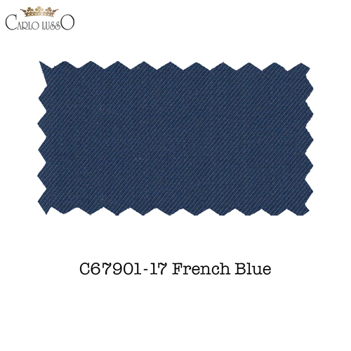 Carlo Lusso French Blue suit: Rich French blue, diagonal ribbed texture, medium weight. Two-button design. Offers a sophisticated look and feel.