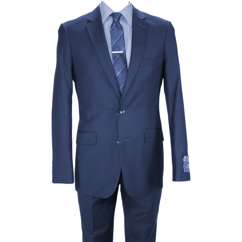 Carlo Lusso French blue suit by Albertonardoni. Tailored, single-breasted, smooth woven fabric. Features notched lapels, multiple pockets, and straight-legged pants. Contrasting lining and visible stitching inside.