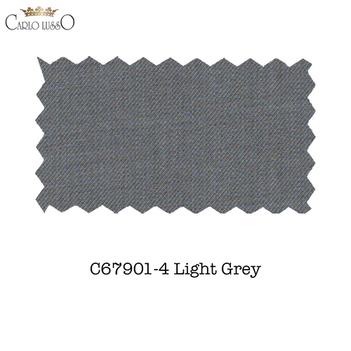 Carlo Lusso medium gray suit. Poly blend, textured light gray fabric with a subtle pattern. Two-button closure, tailored fit, clean lines, and classic design.