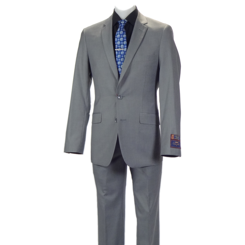 Carlo Lusso suit by Albertonardoni. Medium gray, two-button, single-breasted, tailored fit. Poly blend. Notched lapel, two front pockets, button cuffs. Uniform gray color.