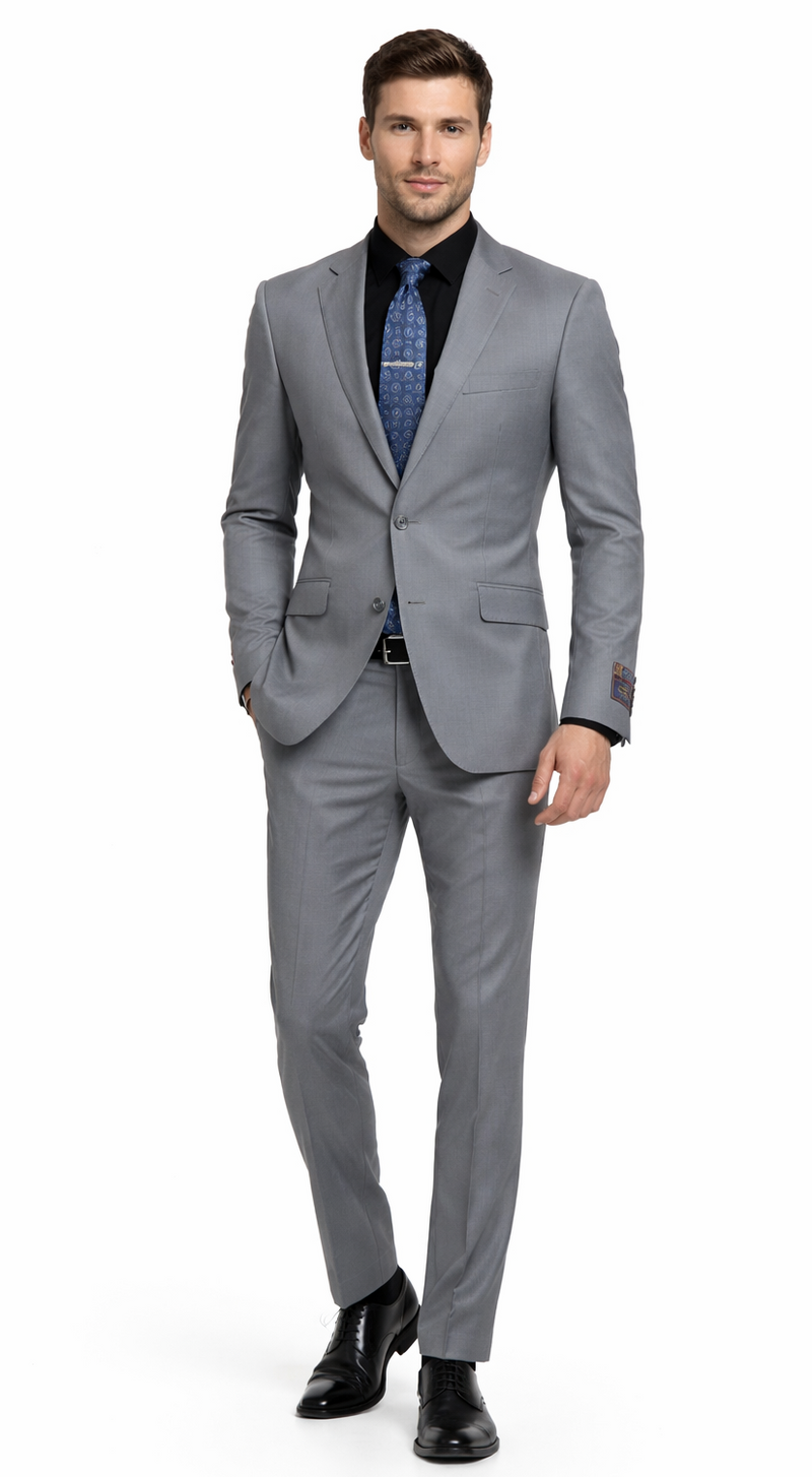 Carlo Lusso medium gray suit: fitted silhouette, poly blend fabric, single-breasted jacket, straight-cut trousers. Two front pockets, notch lapel, subtle sheen. Patterned lining at cuffs. Flat-front trousers.