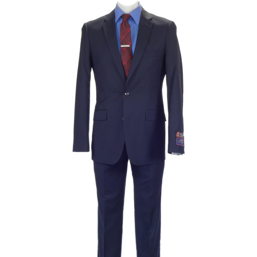 Carlo Lusso navy suit: poly-blend, two-button blazer with classic cut, patch pockets, and tailored trousers. Subtle sheen enhances its smooth texture. Features notch lapels and lining visible at cuffs.