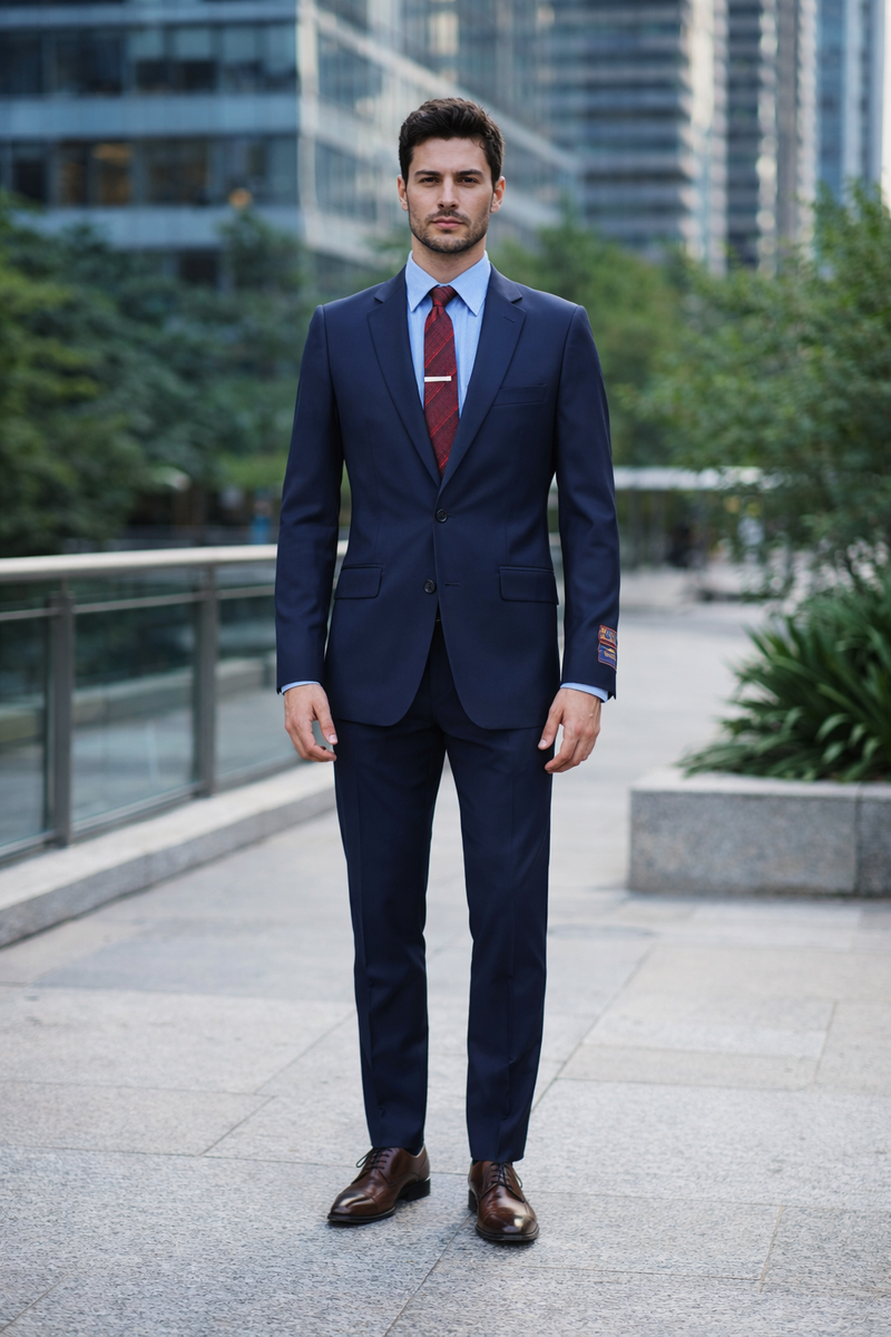 Carlo Lusso navy suit by Albertonardoni. Two-button, single-breasted jacket, straight-leg trousers. Poly blend. Includes light blue shirt & red striped tie with clip. Decorative sleeve element.