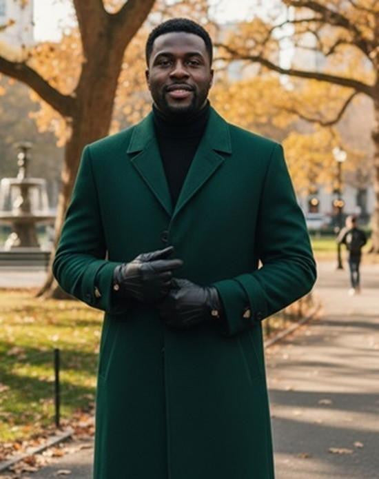 Hunter green men's topcoat. Single-breasted, full-length, tailored silhouette with notched collar. Long sleeves, button cuffs. Robust outerwear fabric.