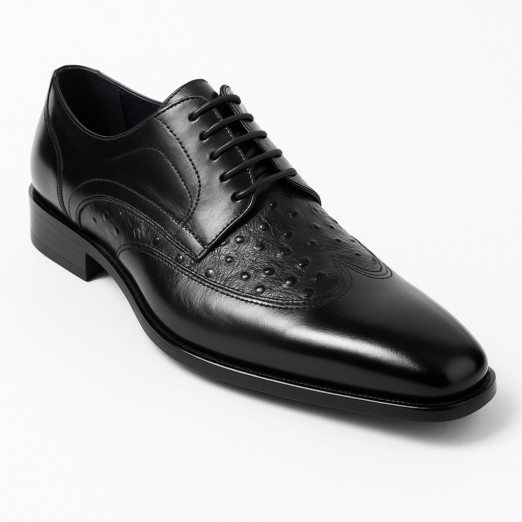 Mens Carrucci Ostrich Embossed Leather Wingtip Dress Shoe in Oxblood