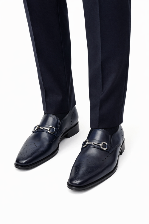 Mens Wholecut Two Tone Leather Wingtip Loafer Dress Shoes in Blue & Tan