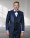 The Statement men's 3 piece modern fit tuxedo features a black fabric with purple embellished rhinestones. The tuxedo includes a fitted jacket with a peaked lapel, a matching vest, and trousers. Rhinestones are arranged in a diamond pattern on the jacket front, enhancing its design.