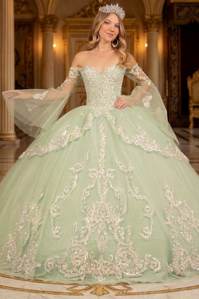 Off Shoulder QuinceaƱera Ball Gown with Glitter Tulle Sequin Embroidery Dress by Elizabeth K GL3109