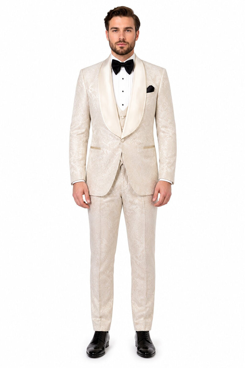 Men One Button Floral All Champagne Tuxedo – 3 Piece