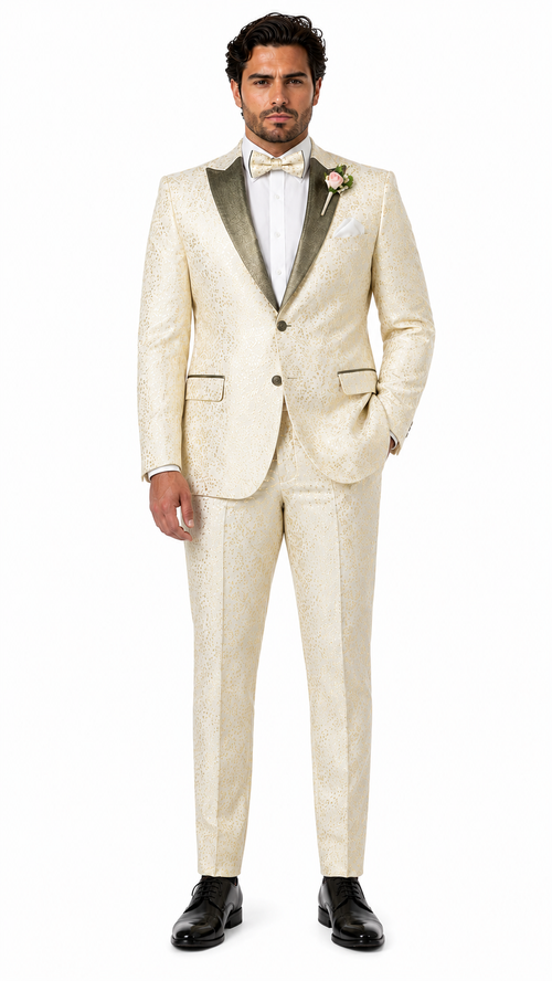 Champagne Gold Floral Tuxedo Suit for Men – Two-Piece Wedding Tux with Bow Tie and Satin Lapel