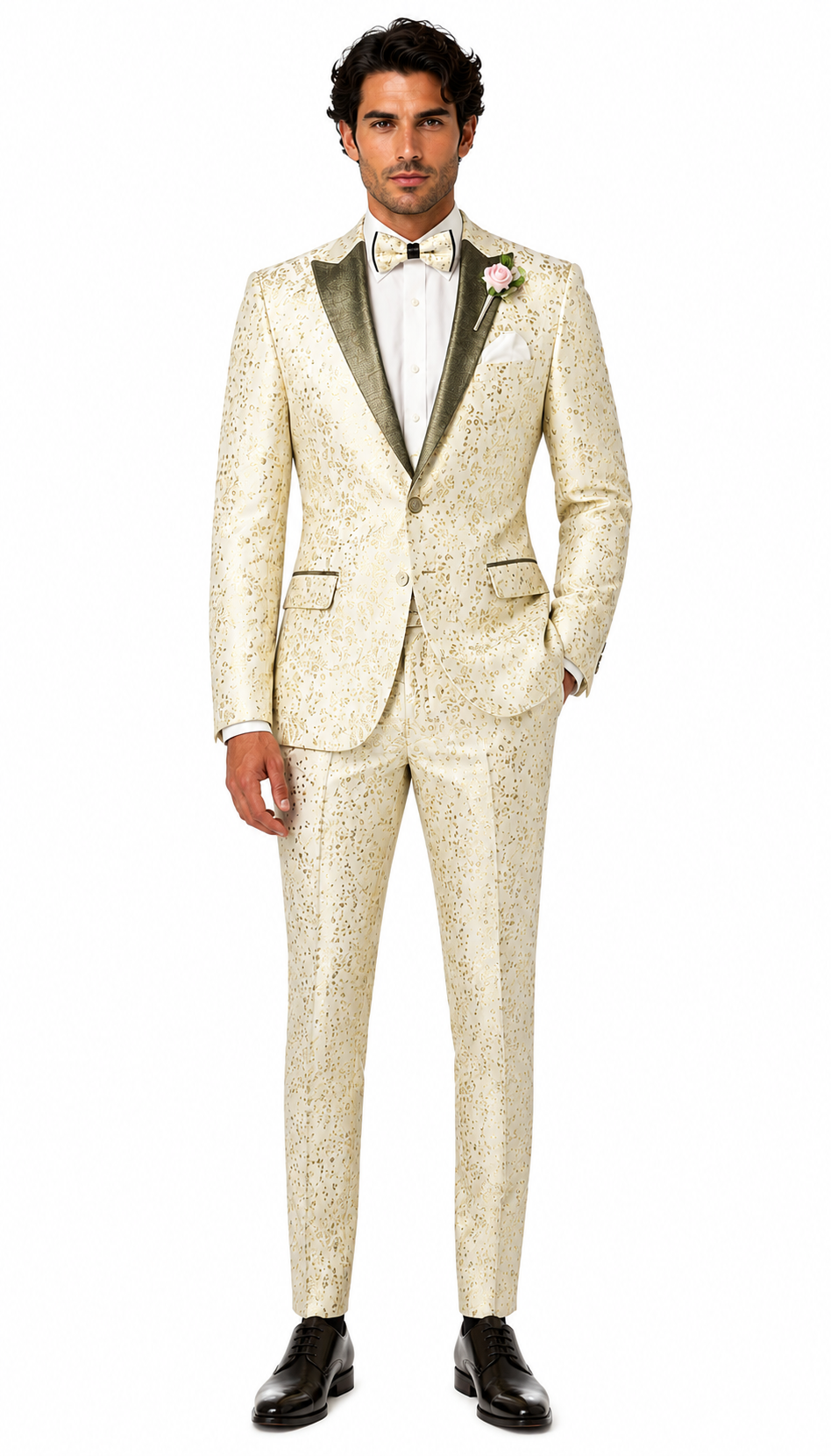 Champagne Gold Floral Tuxedo Suit for Men – Two-Piece Wedding Tux with Bow Tie and Satin Lapel