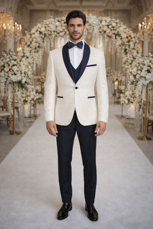 Modern white textured tuxedo jacket with navy satin shawl collar. Navy vest & trousers. Paired with white shirt, navy bow tie, & black dress shoes. Tailored fit.