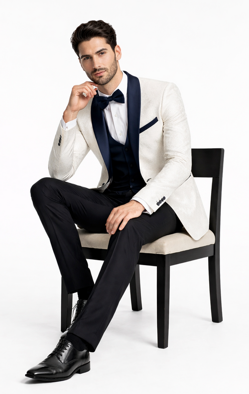 Modern White & Navy 3-Piece Tuxedo – Tailored-Fit Formalwear