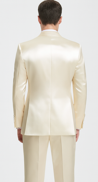 Champagne satin men's suit. Slim fit, three-piece: peak lapel jacket, double-breasted vest. Jacket back is smooth & minimalist.