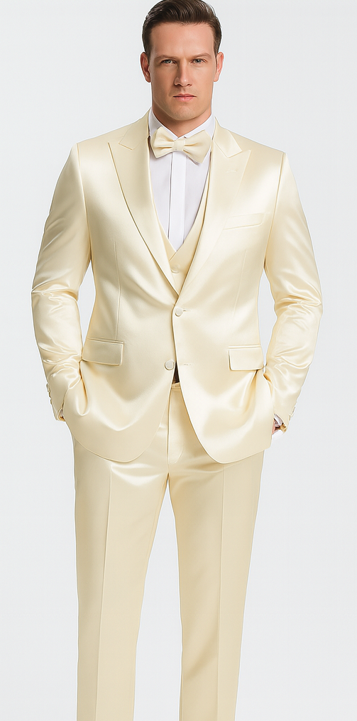 Champagne satin 3-piece men's suit: slim fit, double-breasted vest, peak lapel. Smooth, glossy finish, pale cream color. Elegant and refined.
