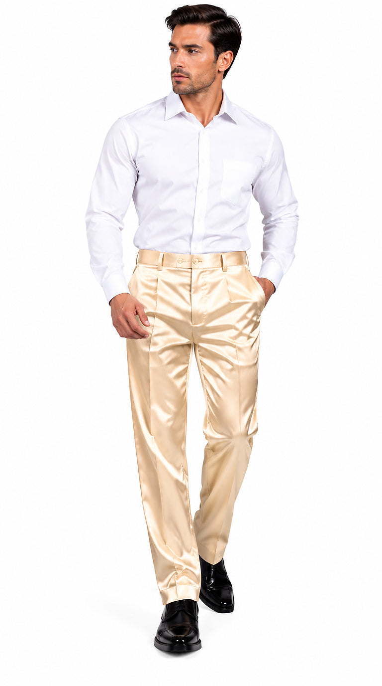 Mens Shiny Stretch Pants Solid Color Slim Fit Sateen Flashy Metallic Slacks in Color "Champagne"