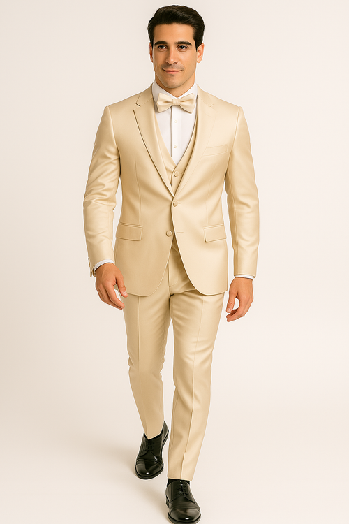Alberto Nardoni's Champagne Majesty Tuxedo Set: jacket, vest, trousers, and bow tie. Smooth, satin-like fabric. Jacket: single-button, notch lapel. Trousers: flat front, slim fit. Elegant and formal.