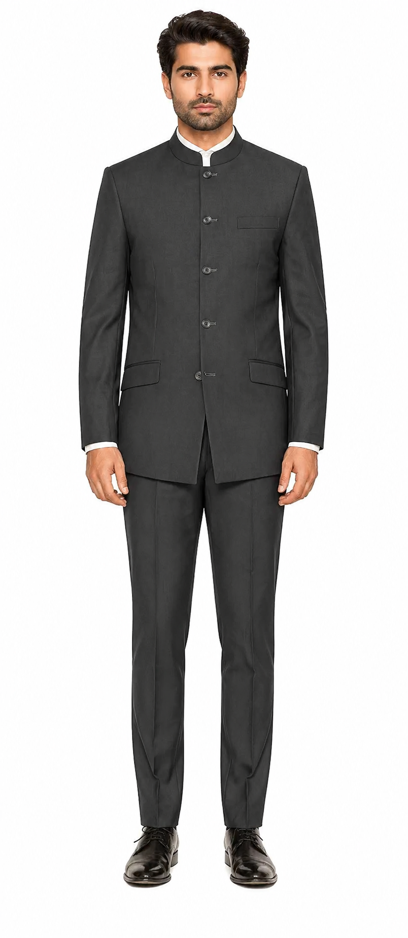 Charcoal Grey Indian Suit Color Banded Collar Suit - Chines Collar in Color Gray 5 Buttons Style | Alberto Nardoni Charcoal Grey Indian Suit Color Banded Collar Suit - Chines Collar in Color Gray 5 Buttons Style | Alberto Nardoni