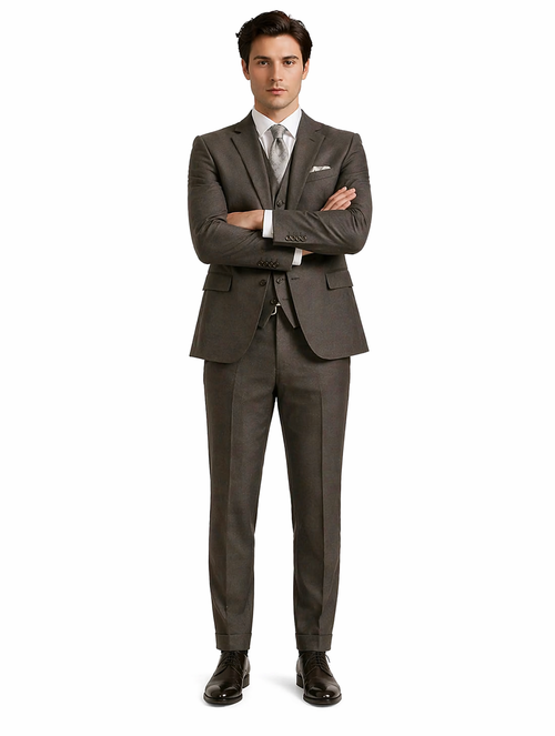 "Charcoal Grey Men's 2-Button Suit with Pleated Pants & Double-Breasted Vest"