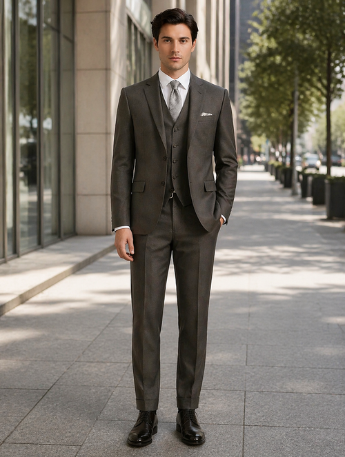 "Charcoal Grey Men's 2-Button Suit with Pleated Pants & Double-Breasted Vest"