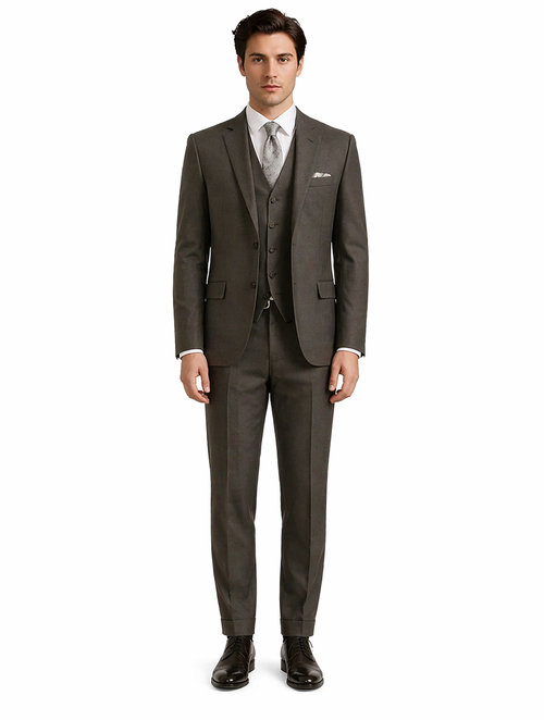 "Charcoal Grey Men's 2-Button Suit with Pleated Pants & Double-Breasted Vest"