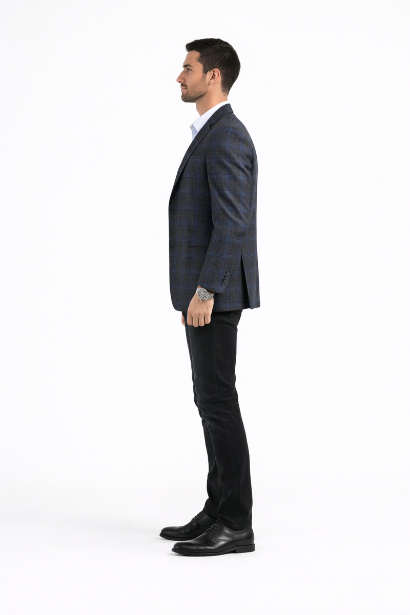 Charcoal Grey With Blue Windowpane Sport Coat - Gray Plaid Blazer