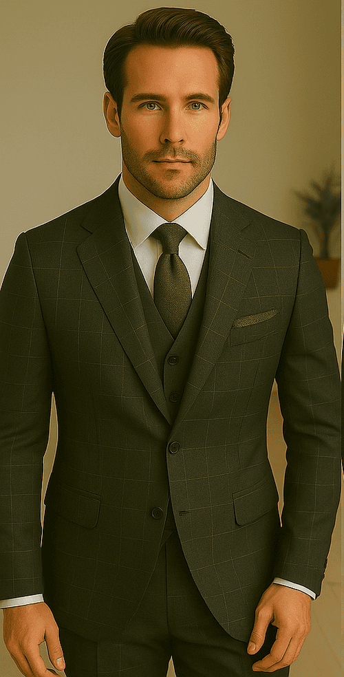 Wool Suit - Italian Made Business Suit by Statement Men's 3 Piece 100% Wool Modern Fit Suit - V-Neck Double Breasted Vest