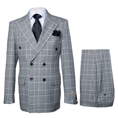 Black and white plaid double-breasted suit. Jacket: peak lapels, pockets. Pants: wide-leg, baggy, pleated, matching fabric.