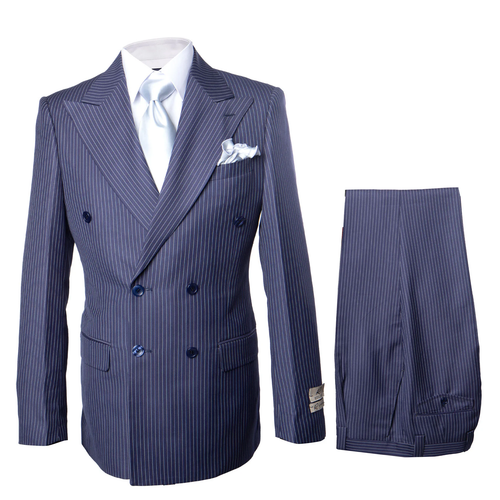 Navy wool suit with double-breasted blazer and wide-leg, pleated pants. Features a white pinstripe. Blazer has front pockets and pocket square. Pants offer a classic fit.