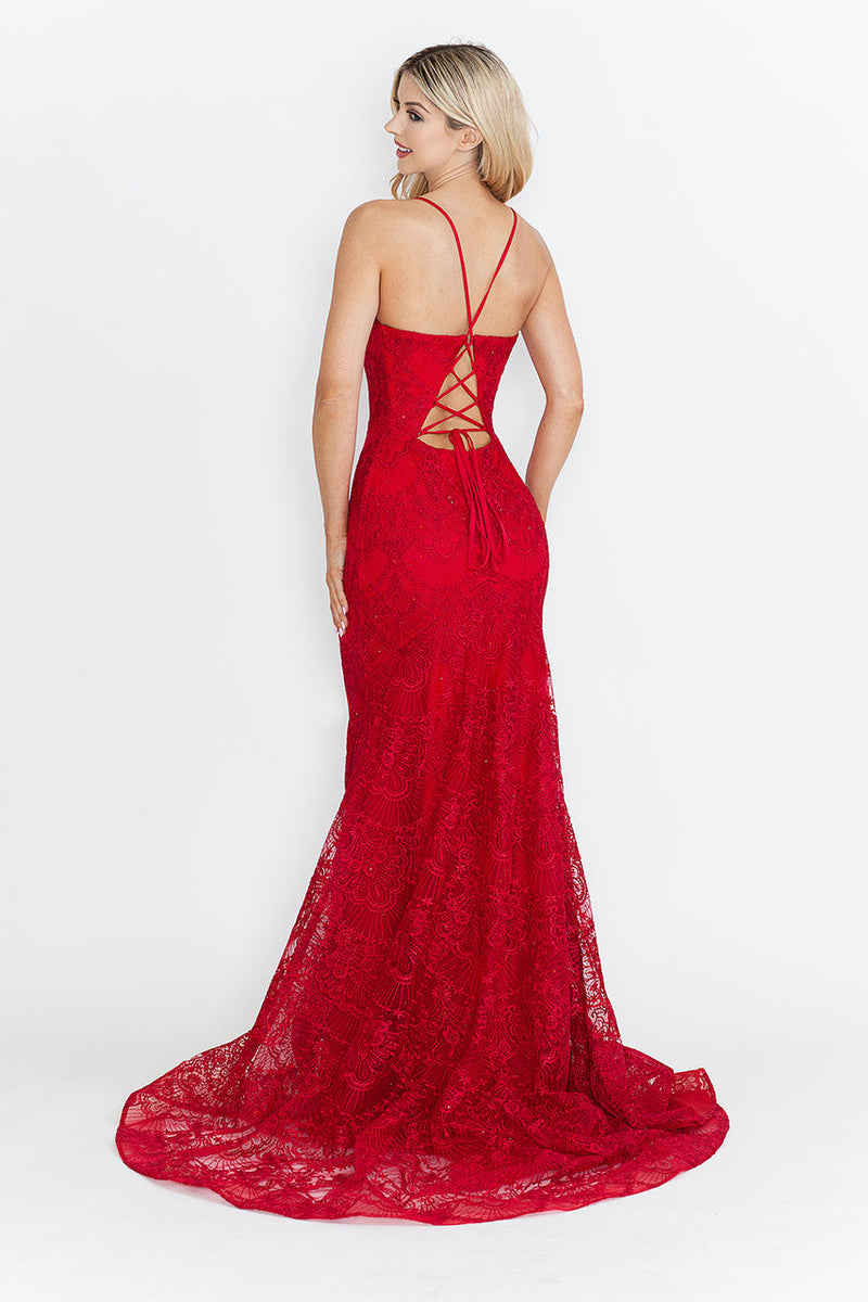 Red Carpet Dress V-Neck Spaghetti Strap Mermaid Gown By Lenovia 8338