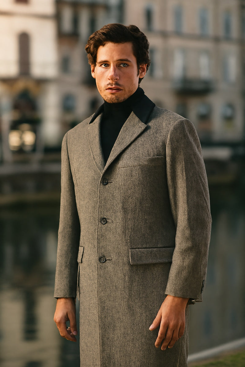 Herringbone Wool & Cashmere Chesterfield Overcoat 1920s Full Length