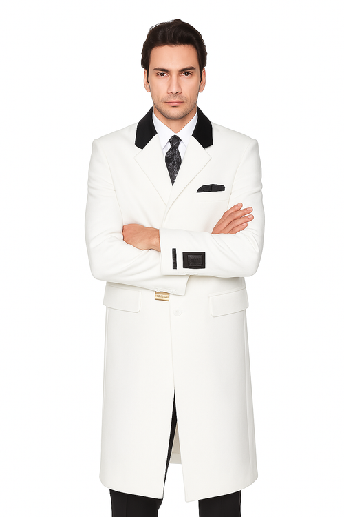 Mens Overcoat - Mens Long Wool Topcoats - Topcoat For Men-Chesterfield Wool & Cashmere Full Length Overcoat Winter White
