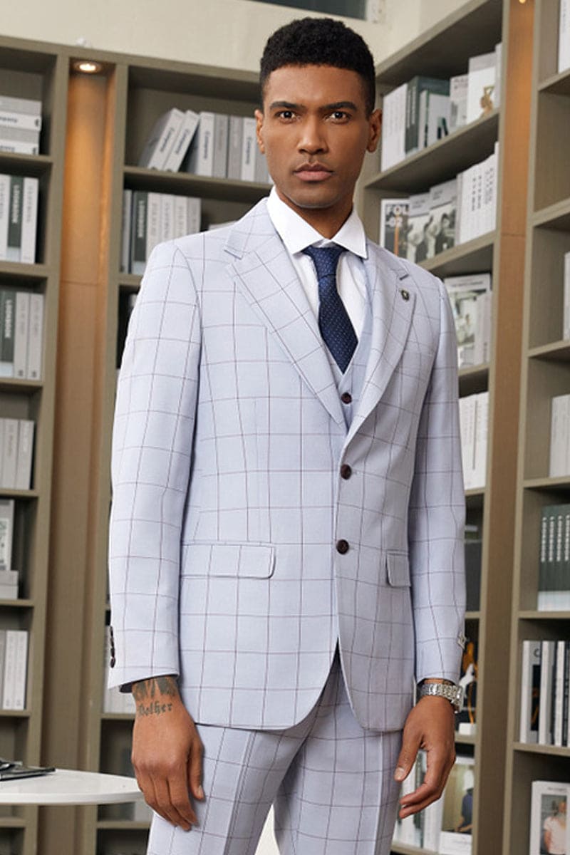 Mens Stacy Adams Suit -Stacy Adams Suit Men's Light Blue Plaid Vested Suit - Two Button Wide Notch Lapel