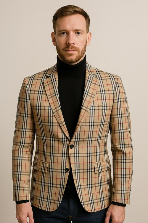 Beige checkered blazer with tan plaid and camel windowpane. Features structured shape, single-button closure, and two front pockets. Woven fabric with black and red lines. Tailored fit for a formal look.