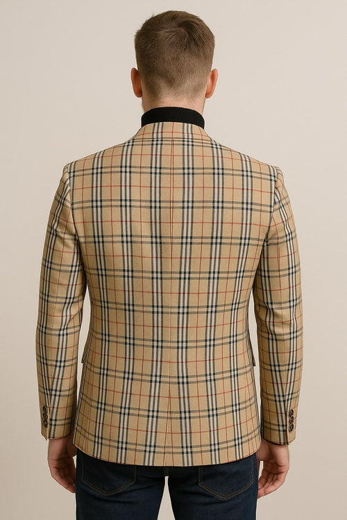 Beige checkered blazer with tan plaid and camel windowpane. Structured cut, notched collar, black knit trim. Woven fabric, smooth finish. Back: beige, black, orange grid. Fitted sleeves, button closures.