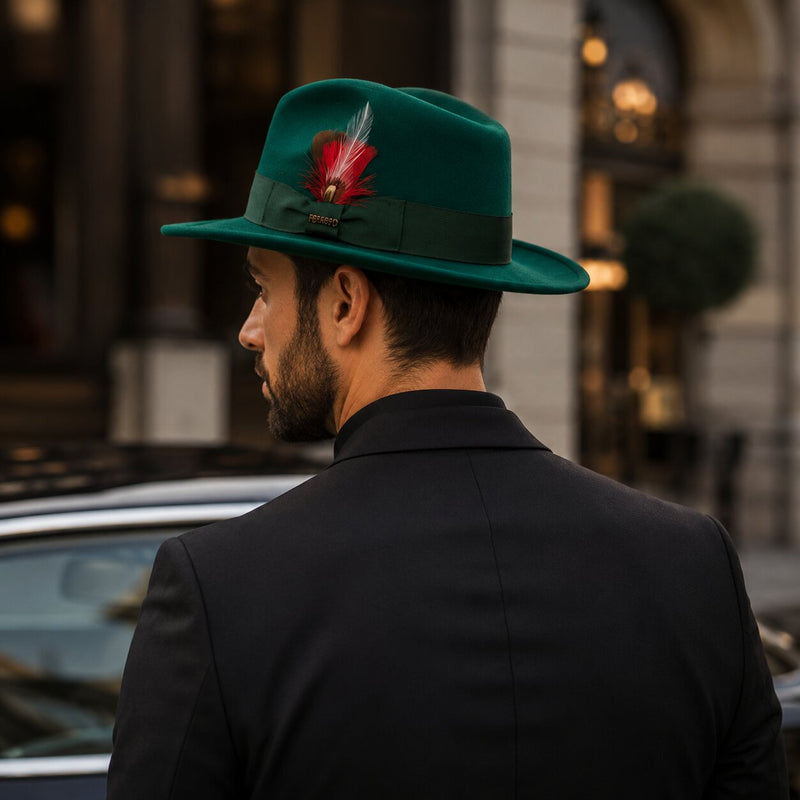 Gangster 100% Australian Wool Crushable Mens Fedora Hat - Removable Feather Gangster Hunter Green Mens Fedora Hat