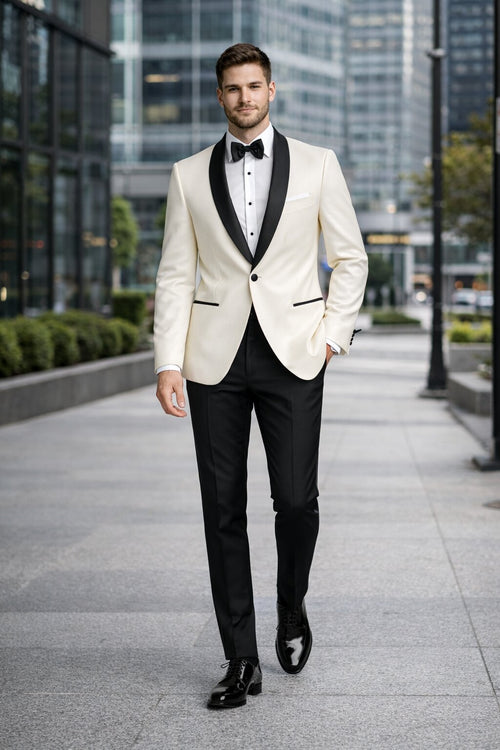Mens Designer Ivory & Black Traditional Dinner Jacket