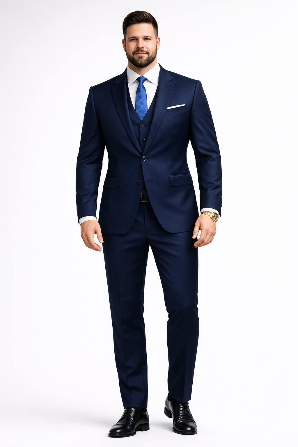Mens 2 Button Skinny Vested Wool Navy Blue Suit