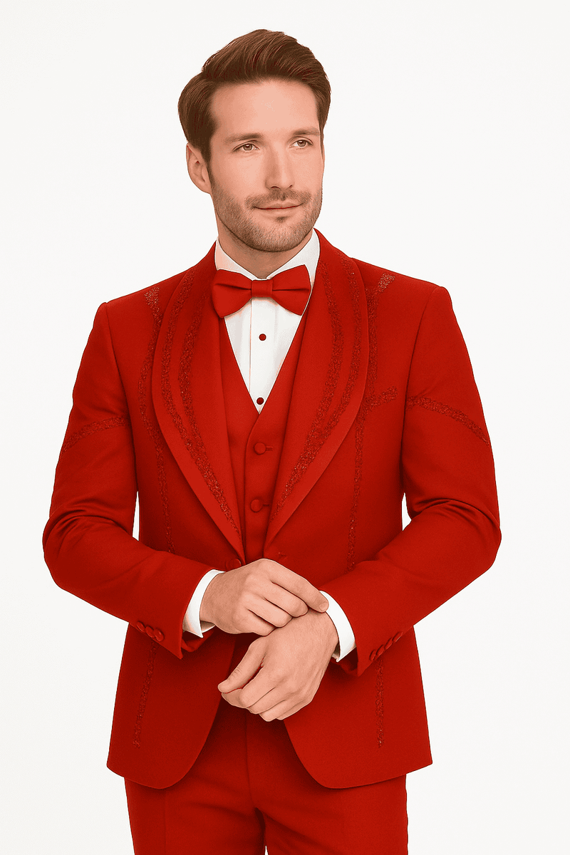 Italian red wool tuxedo: modern fit, three-piece (jacket, vest, trousers). Tailored jacket with tonal details. Includes matching red bow tie.