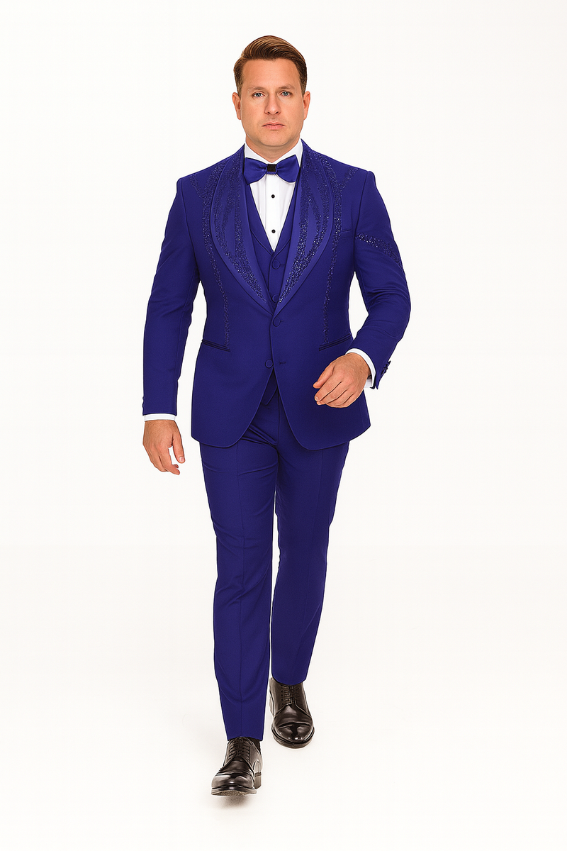 Alberto Nardoni royal blue Italian wool tuxedo. Modern fit, 3-piece. Tailored jacket w/ structured shoulders, decorative stitching. Matching trousers, vest with subtle sheen.