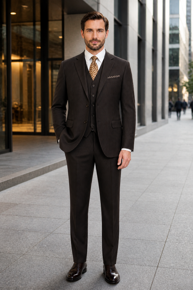 Classic Vested 3 Pieces 2 Button Dark Brown Stripe ~ Pinstripe Men's Suit Discounted Sale