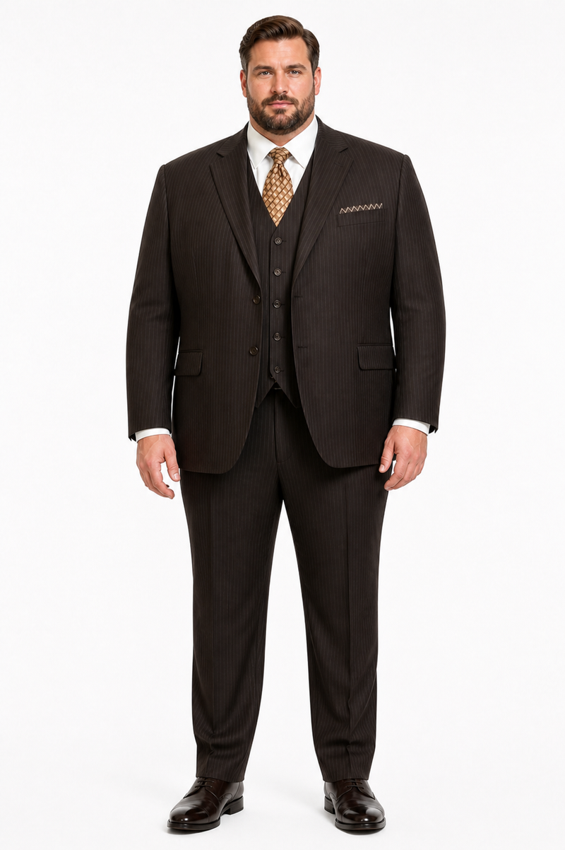 Classic Vested 3 Pieces 2 Button Dark Brown Stripe ~ Pinstripe Men's Suit Discounted Sale