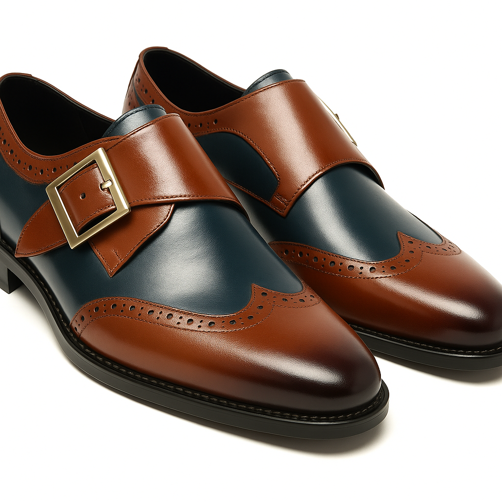 Mens Leather Wingtip Monk Strap Dress Shoe in Brown & Navy