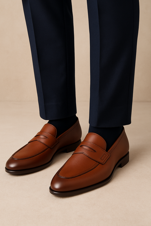 Mezlan Fabrizi penny loafer in cognac calfskin. Sleek, pointed toe, horizontal straps, and a low-profile, glossy dark sole. Classic style.